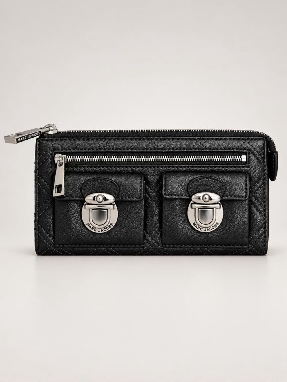 Marc Jacobs Black Quilted Leather Zip Wallet with Dual Front Pockets